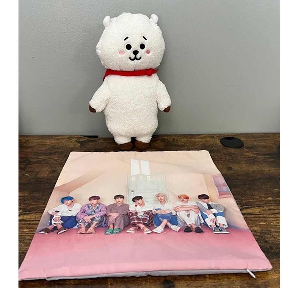 BT21 BTS RJ Standing Doll & BTS Pillow Case Set White Alpaca Plush Jin BT21 Doll